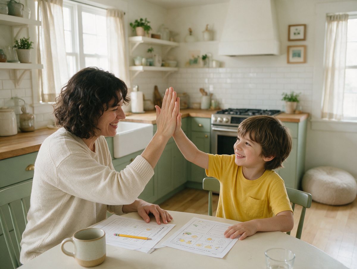 Parent and child high-fiving after finishing an activity sheet